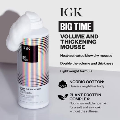 IGK BIG TIME Volume & Thickening Mousse | Flexible Hold Volumizing Styling Foam for Fine, Flat or Curly Hair | Lightweight Body, Frizz Control & Heat Protection | Vegan + Cruelty Free | 6.2 Oz