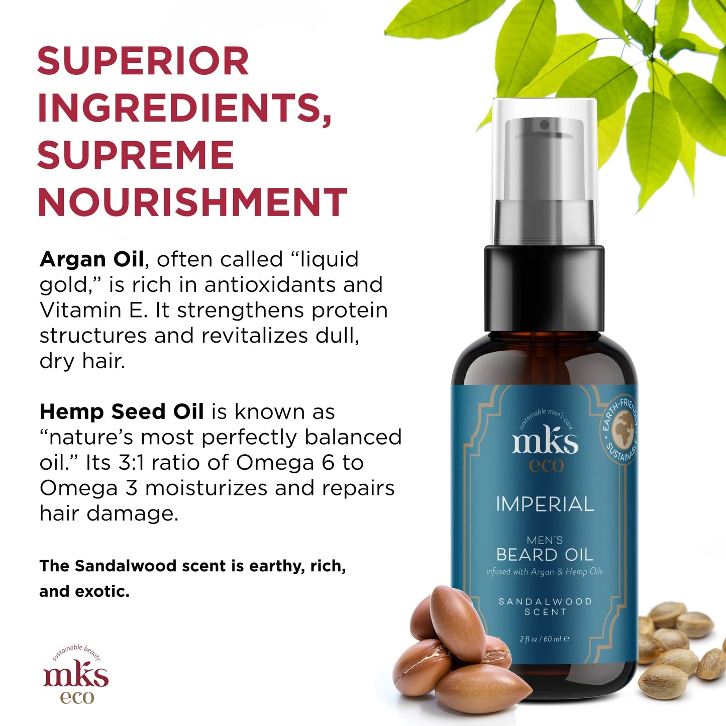 MKS eco for Men Imperial Beard Oil, Sandalwood Scent - 2 fl oz - Calms & Controls Facial Hair, Adds Shine, Moisturizes Skin - With Hemp Seed Oil & Argan Oil - Vegan, Cruelty Free