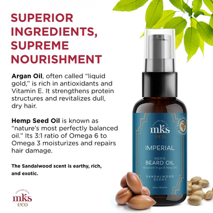 MKS eco for Men Imperial Beard Oil, Sandalwood Scent - 2 fl oz - Calms & Controls Facial Hair, Adds Shine, Moisturizes Skin - With Hemp Seed Oil & Argan Oil - Vegan, Cruelty Free