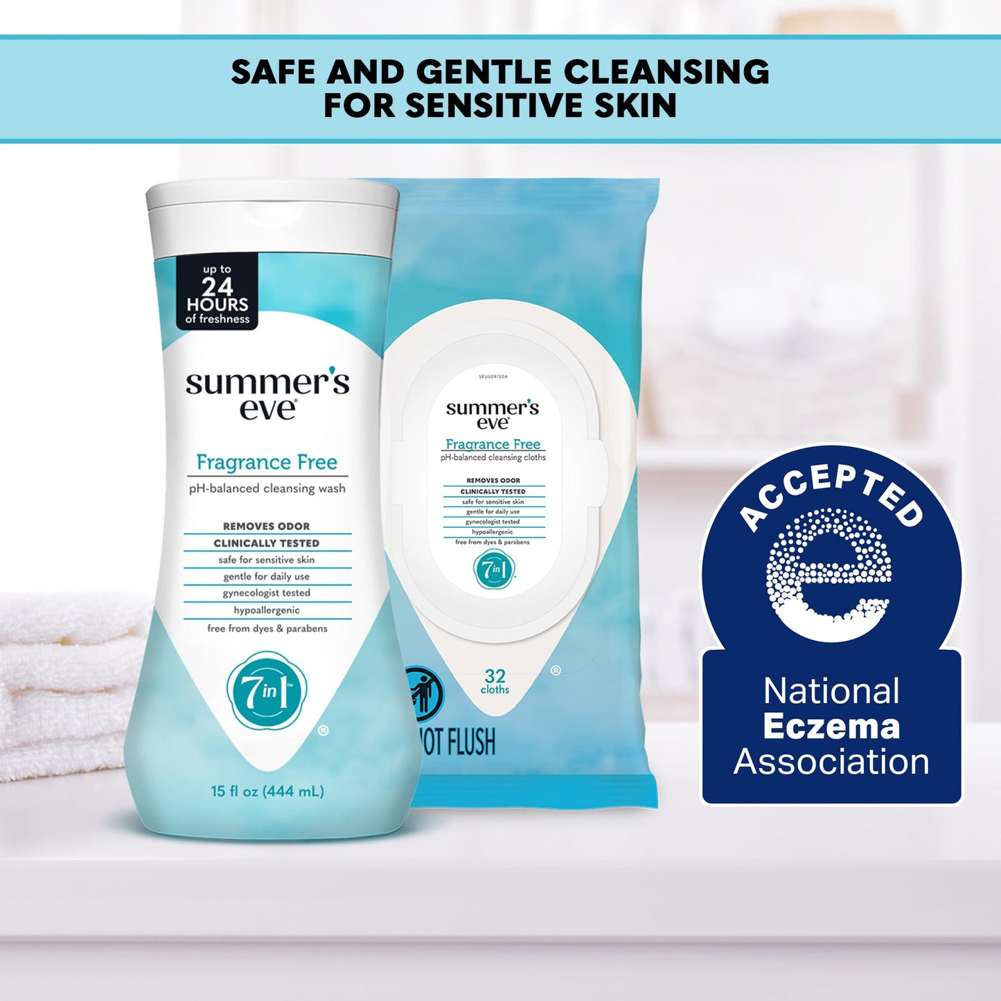 Summer's Eve Feminine Wipes, Fragrance Free, Vaginal Wipes with Gentle pH-Balanced Micellar Water Formula, Feminine Care to Help Remove Vaginal Odor, Gynecologist Tested, 32 Wipes, 4 Pack