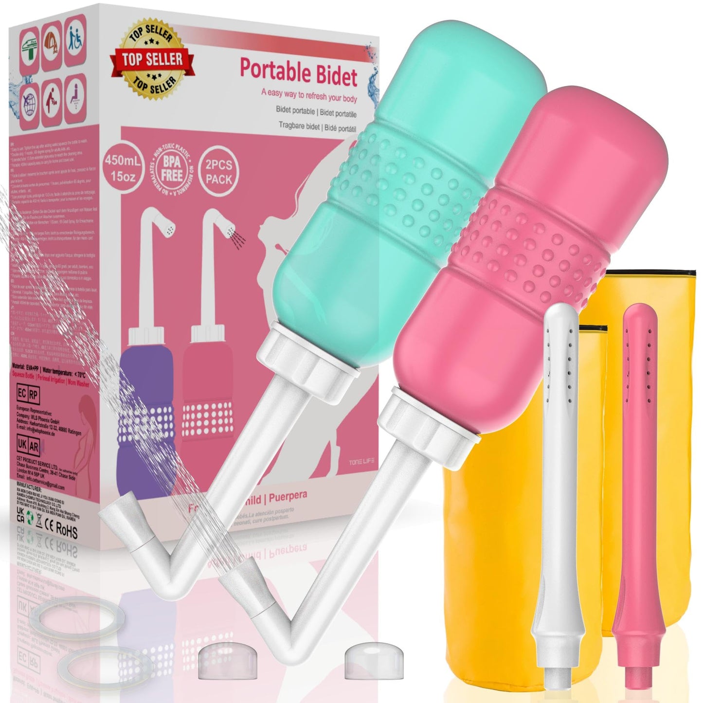 2PCS-Pack 2IN1 Intimate Wash for Women,2 Nozzle（Short+Long）,Portable Bidet Travel Bidets with Waterproof Cap + Storage Bag,Peri Bottle for Postpartum Care (Pink+Green)