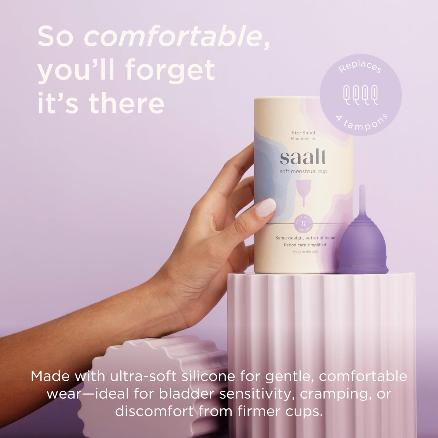 Saalt Soft Menstraul Cup Bundle - Reuseable Soft Period Cup in Mountain Iris, Size Regular + pH-Balancing Saalt Wash - Sustainable & Easy to Clean Period Care