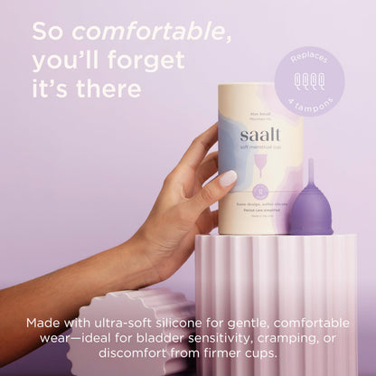Saalt Soft Menstraul Cup Bundle - Reuseable Soft Period Cup in Mountain Iris, Size Regular + pH-Balancing Saalt Wash - Sustainable & Easy to Clean Period Care