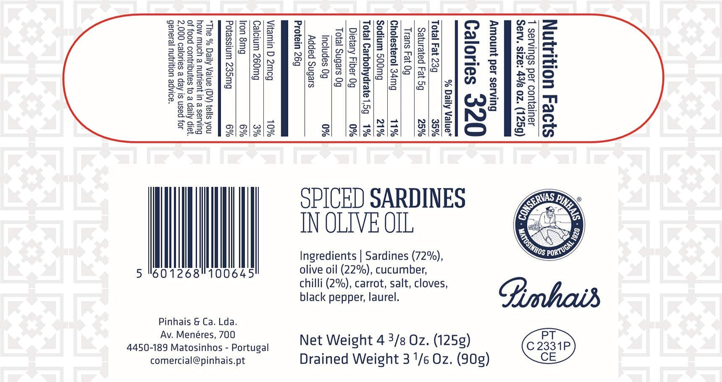 Pinhais Spiced Canned Sardines in Virgin Olive Oil, 4.4oz (Pack of 4)