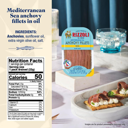 (Pack of 1) MANGIAR BENE RIZZOLI - Anchovy Fillets Single Serving Tray (40g) 100% ITALIAN OIL