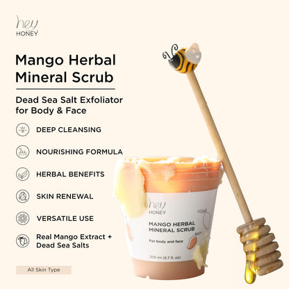 Hey Honey Skincare Mango Herbal Mineral Scrub Dead Sea Salt Exfoliator for Body & Face | Gently Buffs, Smooths & Hydrates Skin | Cruelty-Free, Paraben-Free, Vegetarian | 6.7 oz