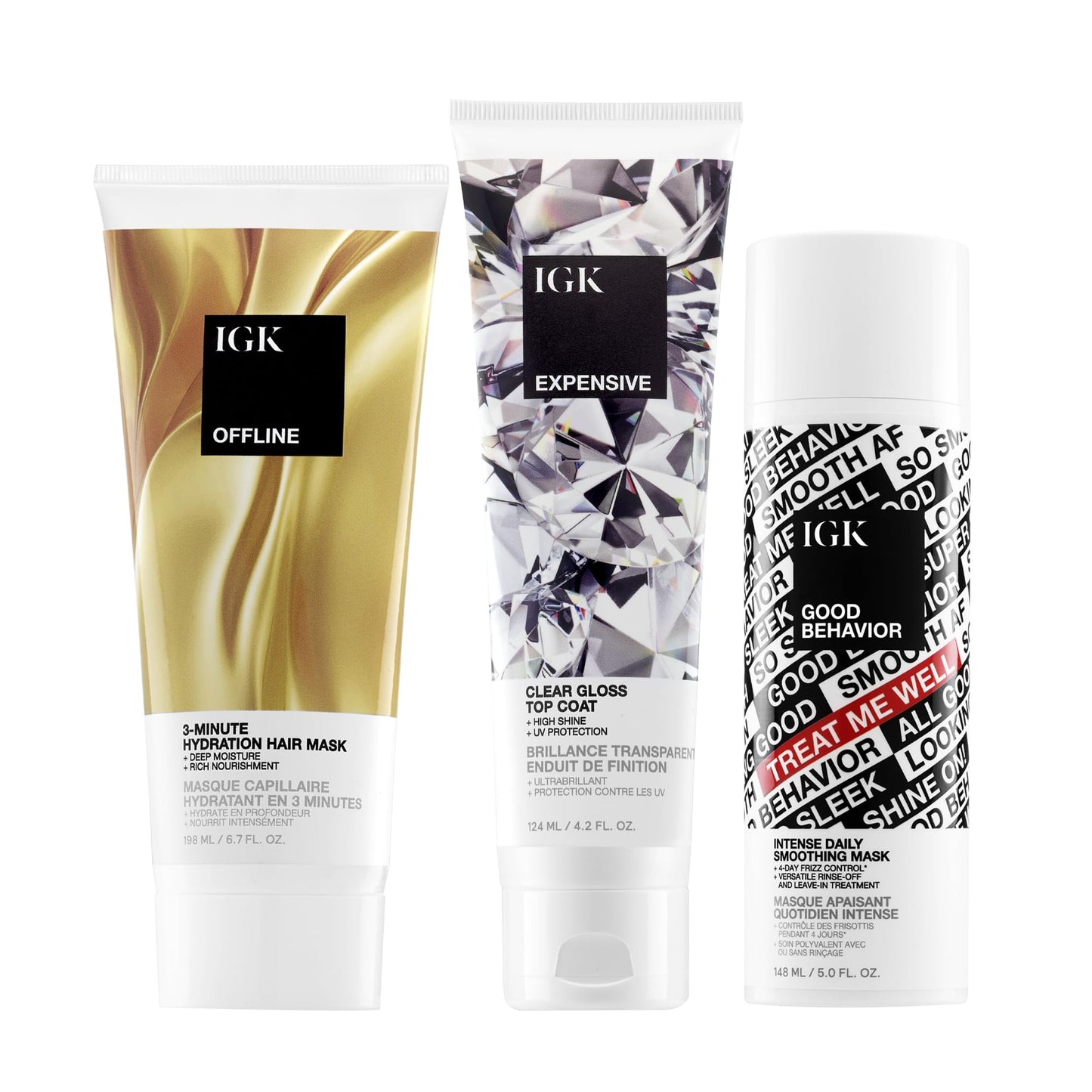 IGK Offline Hydration Mask + Good Behavior Mask + Expensive Shine Gloss Treatment – Hair Repair, Hydration & Styling Trio for Frizz Control, Shine & Manageability – Vegan & Cruelty-Free