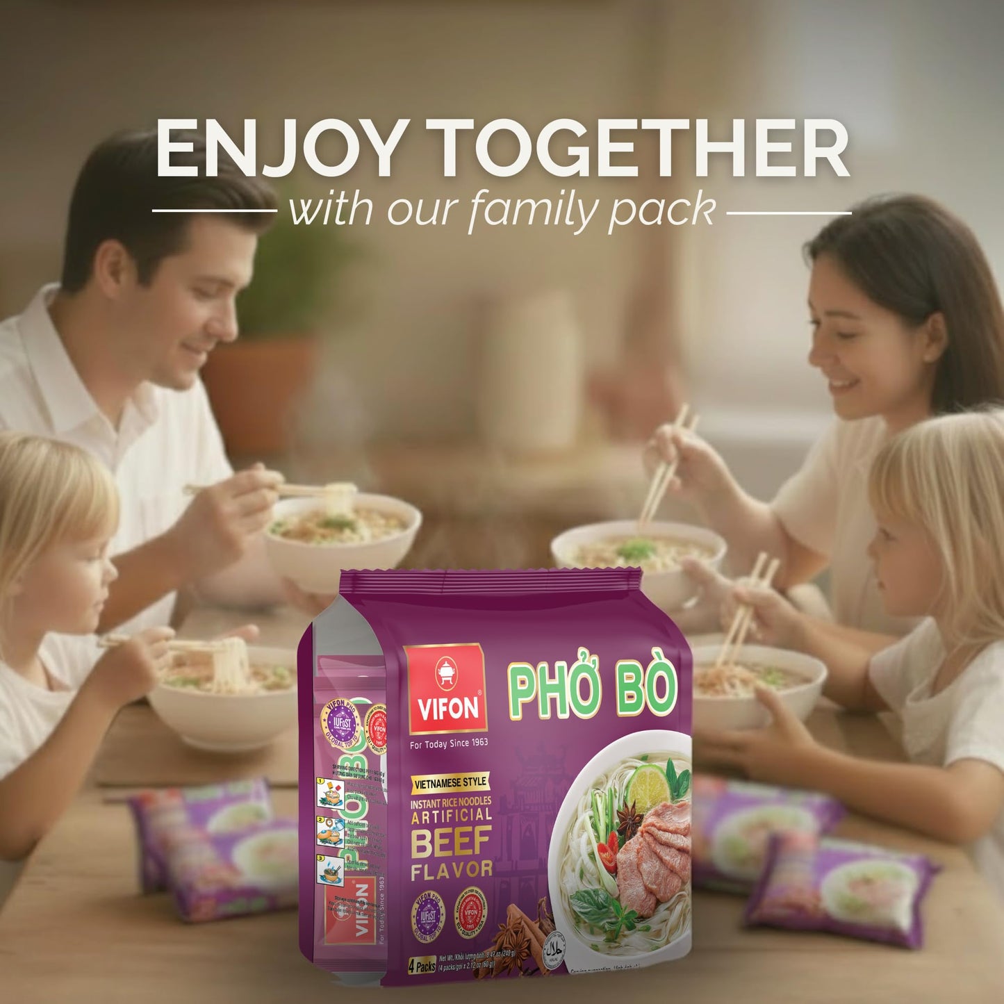 VIFON Phở Bò Vietnamese Style Instant Rice Noodles, 2.11 oz (Pack of 4) | Halal Certified | Authentic Vietnamese Phở | Ready in 3 Minutes