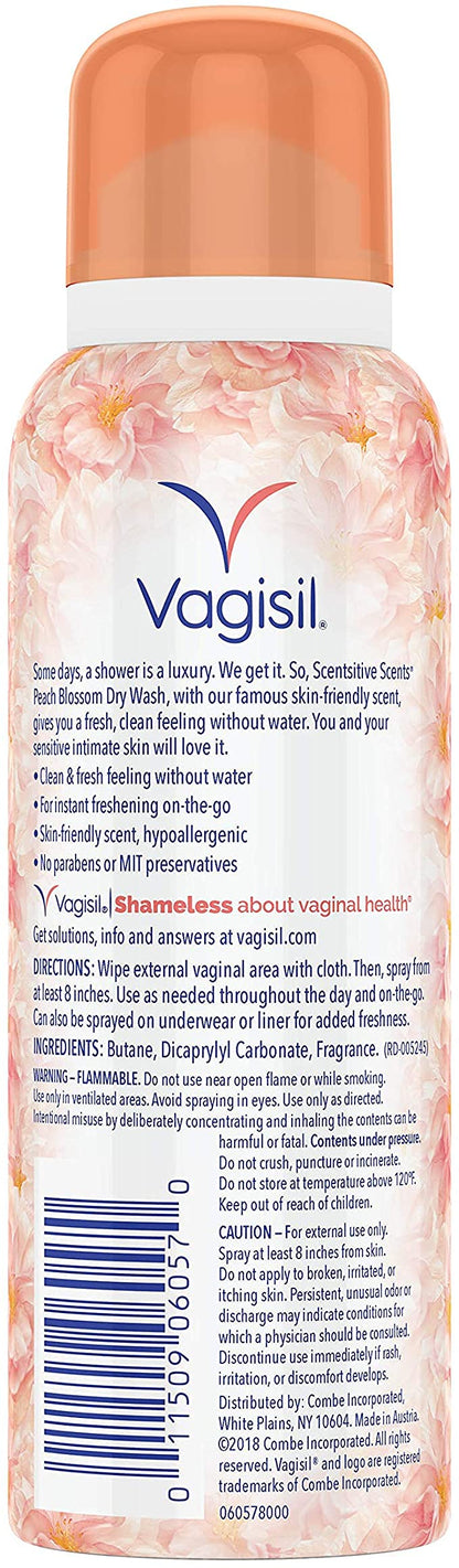 Vagisil Scentsitive Scents Feminine Dry Wash Deodorant Spray for Women, Gynecologist Tested, Paraben Free, Peach Blossom, 2.6 Ounce (Pack of 1)