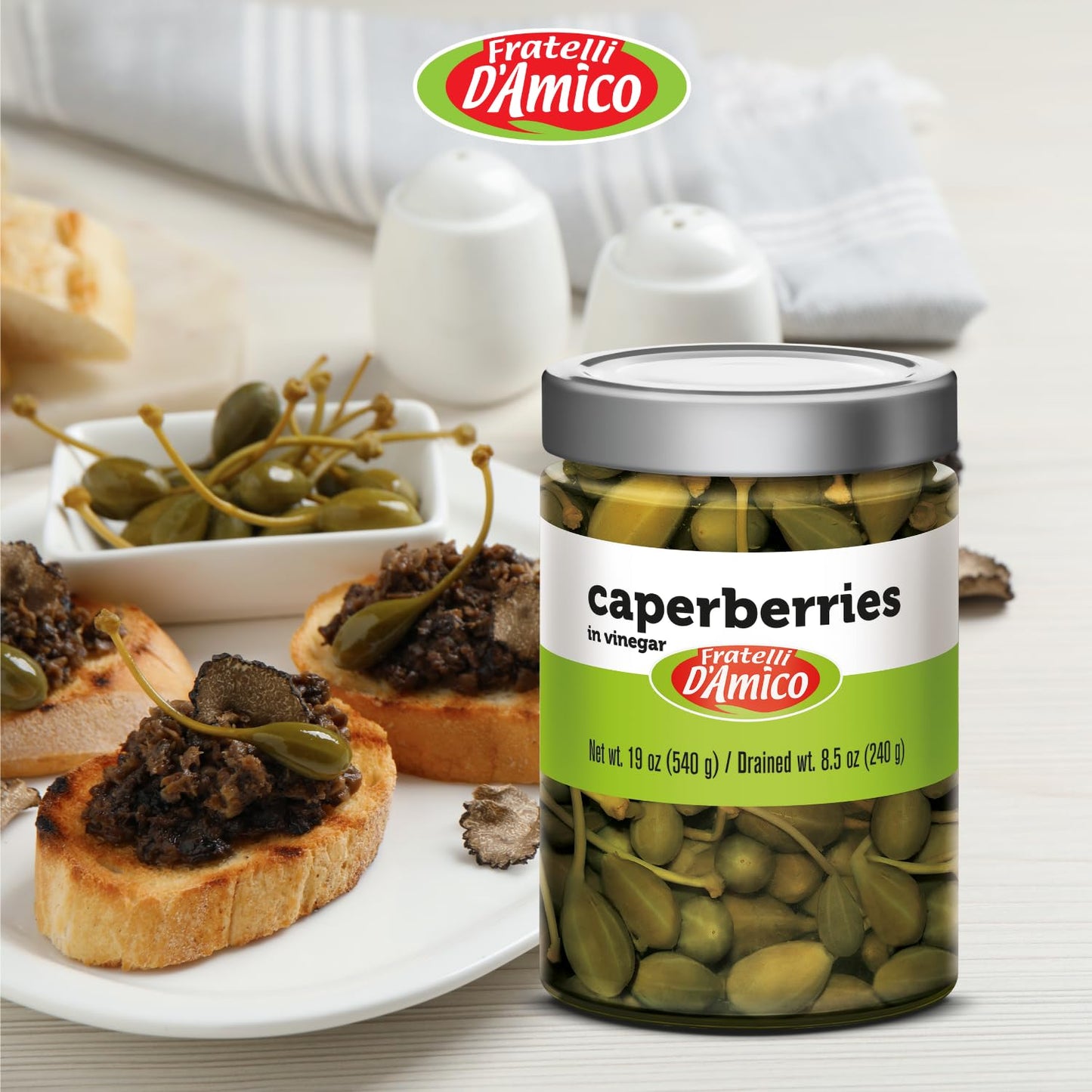 FRATELLI D'AMICO - Caperberries, Premium Qulaity, First Selection, Pickled, Capers, Family Size, 19oz (540g), NON-GMO
