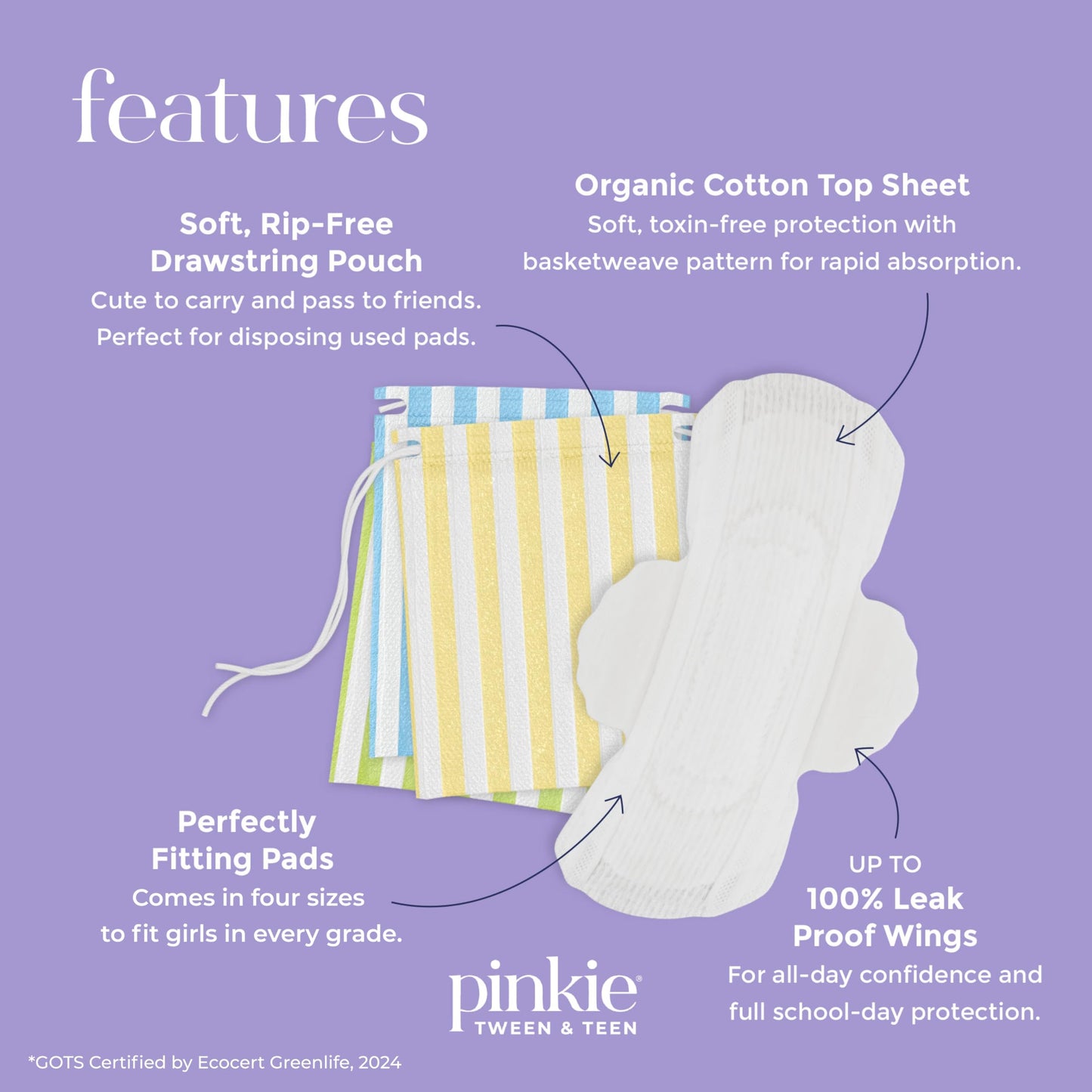 Pinkie Period Starter Pads - Designed for Smaller Underwear - Organic Cotton Topsheet Tween & Teen Pads with Wings - Chlorine Free & Fragrance Free - Teen Combo Pack, 18 Count