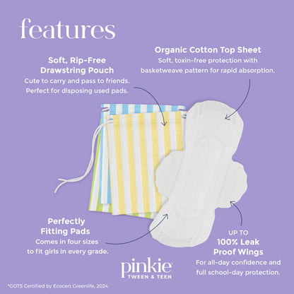 Pinkie Period Starter Pads - Designed for Smaller Underwear - Organic Cotton Topsheet Tween & Teen Pads with Wings - Chlorine Free & Fragrance Free - Teen Combo Pack, 18 Count