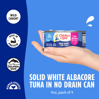 Chicken of the Sea Wild Caught Solid White Pure Albacore, No Drain, 4 oz Cans, 4-Count – High Protein 100% Classic Tuna in No Drain Can for Less Mess – Delicious, Easy, Nutritious Ready to Eat Meals