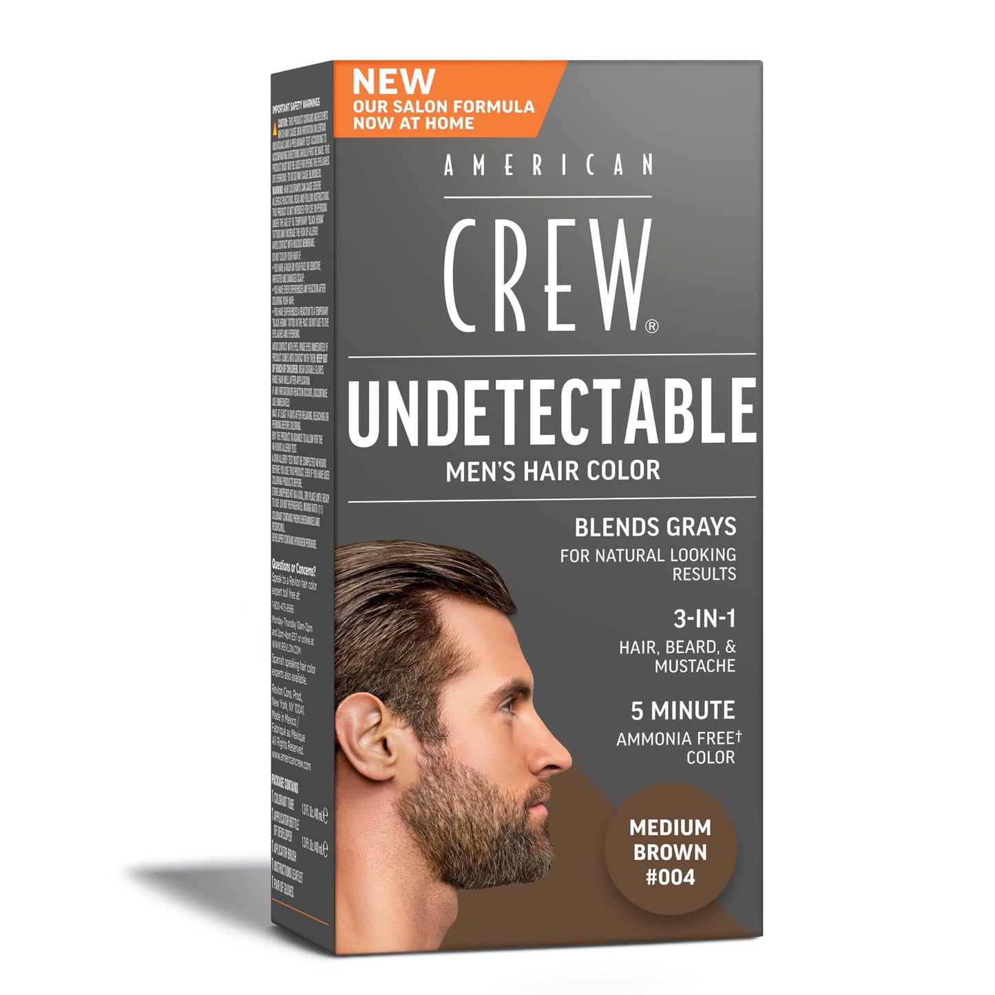 American Crew Undetectable Men's Hair Color |Medium Brown Demi-Permanent Hair Dye | Natural-Looking Gray Coverage for Men, 004 Medium Brown, 1 pack
