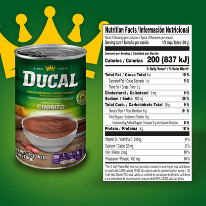 Ducal Refried Red Beans Chorizo Flavored, 15 Oz (Pack of 24) - Excellent Source in Protein And Iron, Cholesterol Free - Instant Vegetarian Refried Red Beans, Non-GMO And Gluten-Free