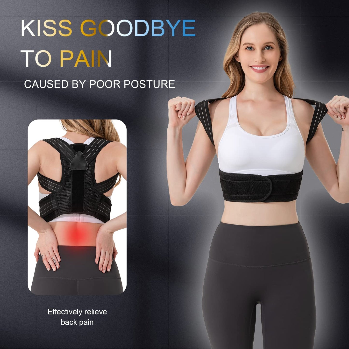 Portzon Back Brace Posture Corrector for Men and Women, Adjustable Breathable Support Pain Relief for Neck, Shoulders