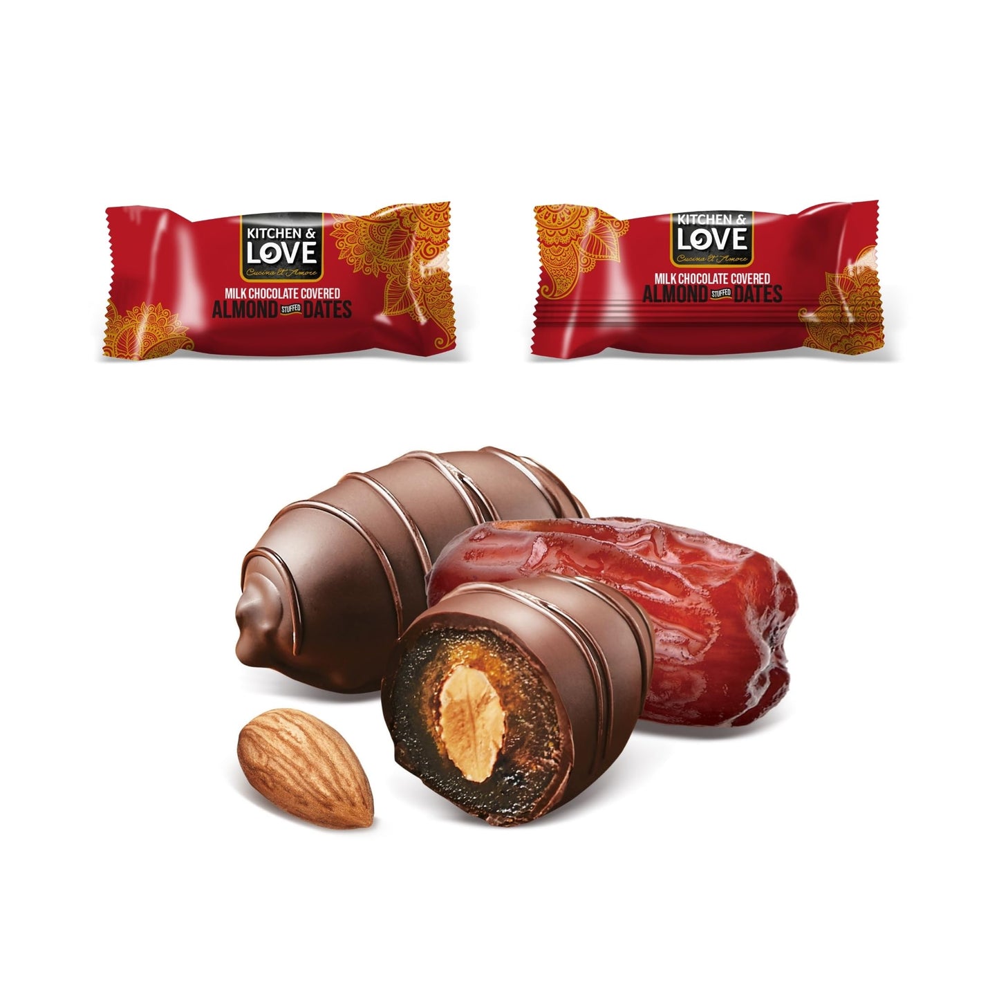 Kitchen & Love Milk Chocolate Covered Almond Stuffed Dates in a Convenient Resealable Pouch, 8 Individually Wrapped Pieces, Healthy Snack, 3.5 oz pouch (Pack of 4)