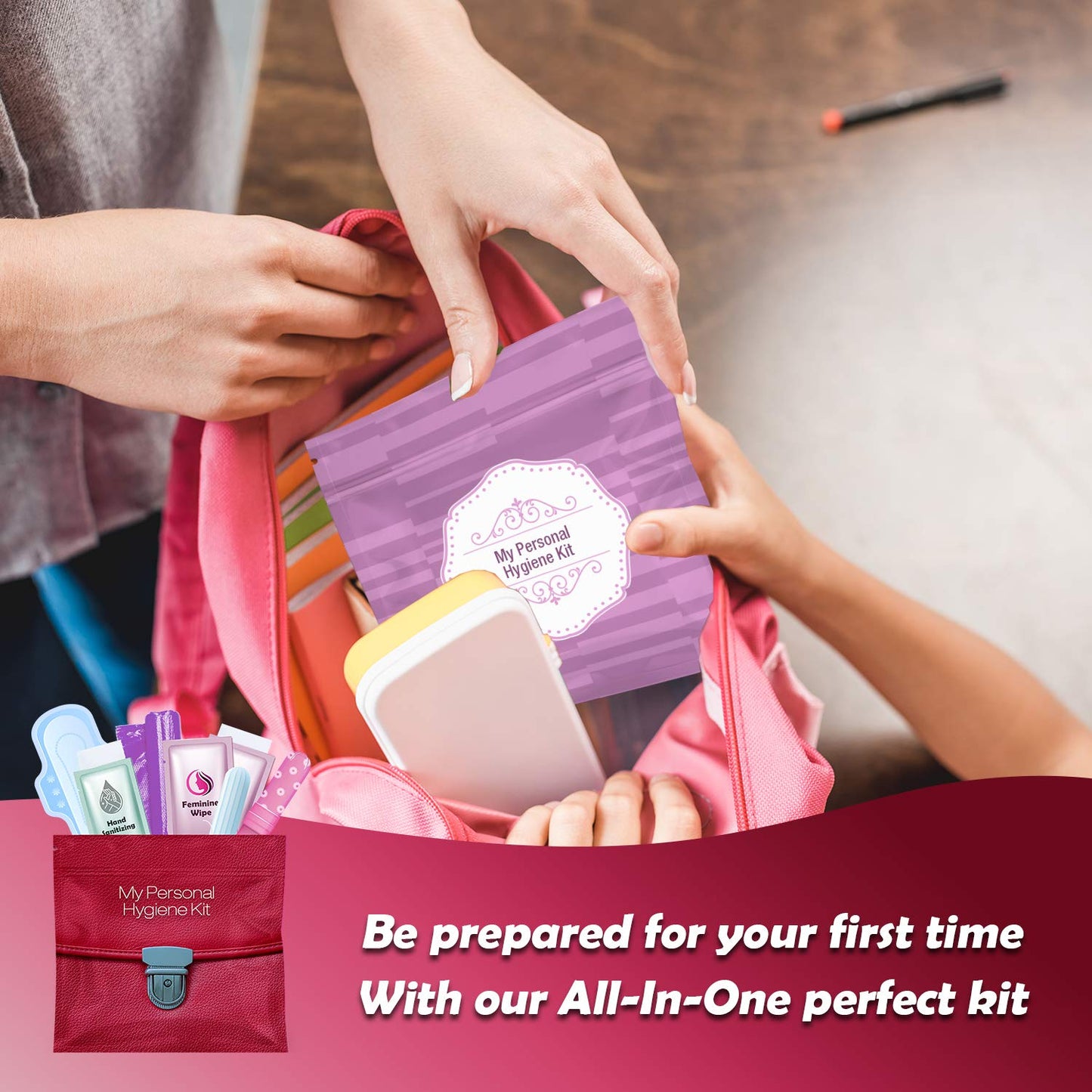 3 x Menstrual All-in-One Kits - Assorted Colors | Convenience on The Go | Single Period Kit Packs | Individually Wrapped Feminine Hygiene Products (Red Purse/Pink/Purple)