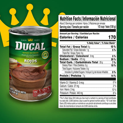 Ducal Red Refried Beans, 15 Ounce (Pack of 24) - Instant Vegetarian Refried Red Beans, Non-GMO And Gluten-Free - Excellent Source in Protein And Iron, Cholesterol Free