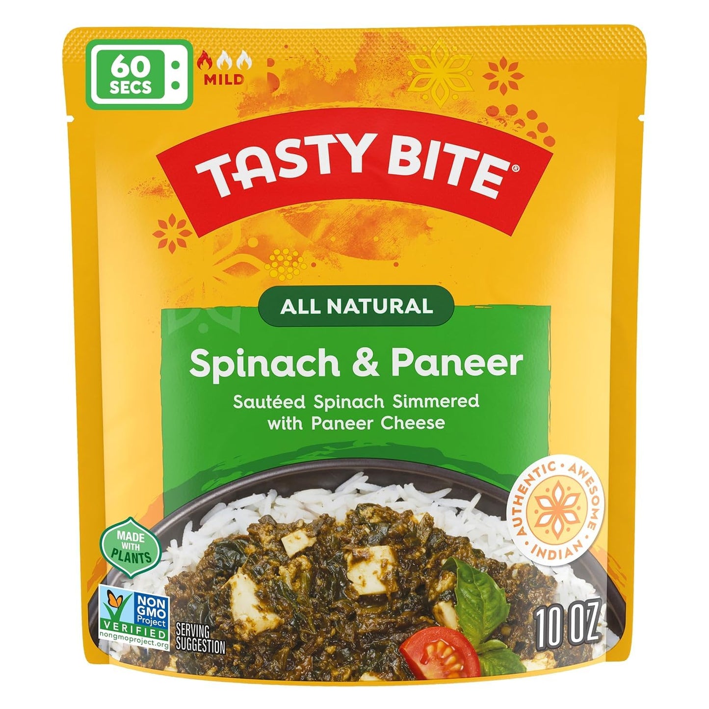 Tasty Bite Kashmir Spinach, Ready to Eat, 10 Ounce, Microwavable Entrée in Light Curry Sauce, Vegetarian
