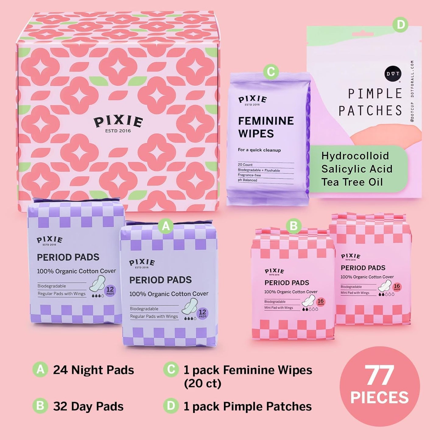 Pixie Period Starter Pads for Teen Girls - Organic Cotton 56ct - Designed for Tweens & Smaller Underwear - Leak-Proof with Wings for Feminine Care - Includes 32ct Mini & 24ct Regular Pads with Wipes