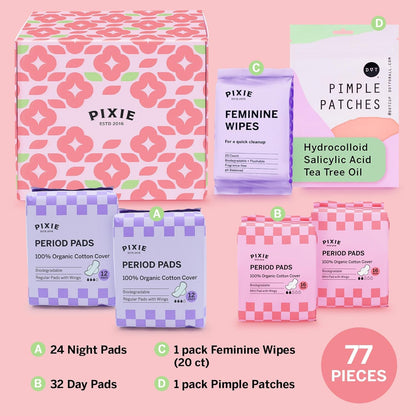 Pixie Period Starter Pads for Teen Girls - Organic Cotton 56ct - Designed for Tweens & Smaller Underwear - Leak-Proof with Wings for Feminine Care - Includes 32ct Mini & 24ct Regular Pads with Wipes