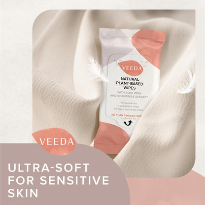 Veeda Plant-Based Feminine Wipes – pH-Balanced, Hypoallergenic & Biodegradable Wipes for Sensitive Skin, Fragrance-Free Travel Sized Wipes – 120 Count