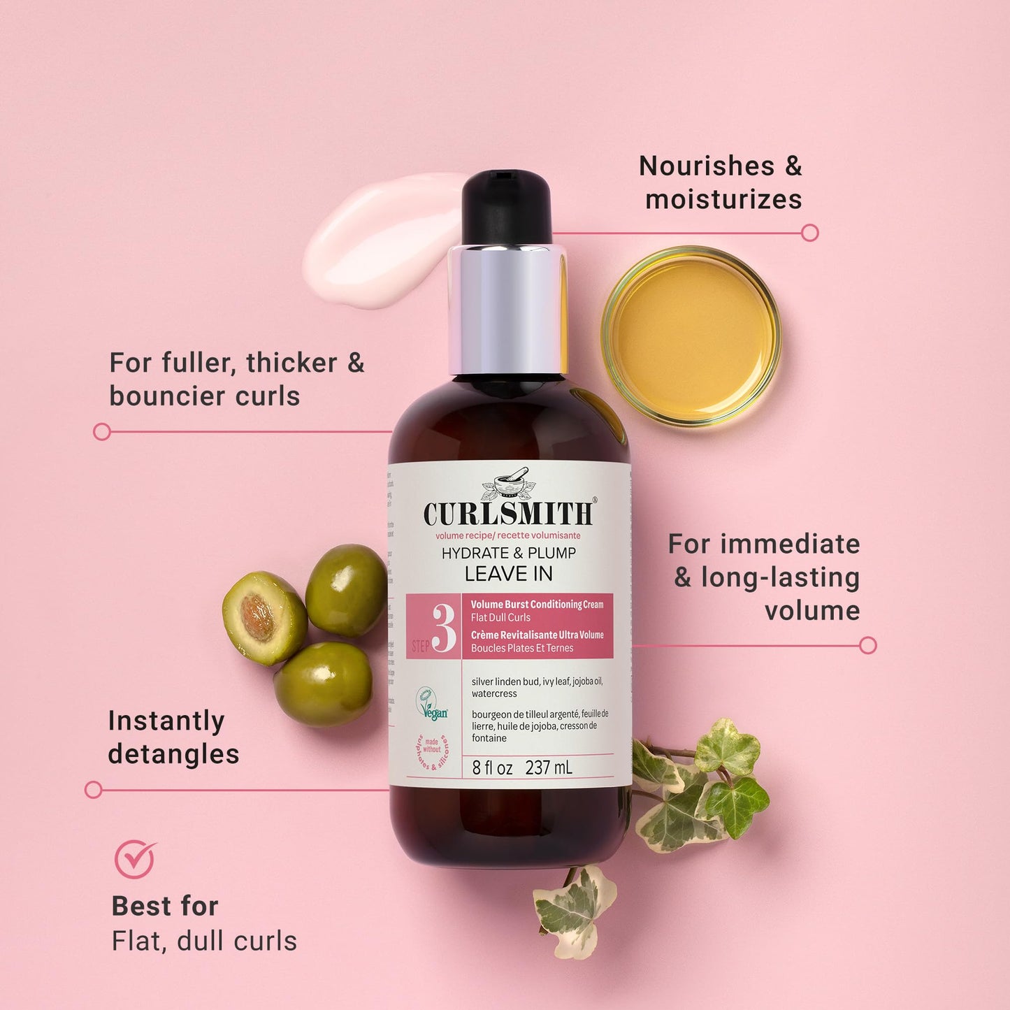 CURLSMITH Hydrate & Plump Leave In Conditioner for Curls, Lightweight Volumizing Conditioner For All Curl Types, Vegan & Cruelty-free (8 oz)