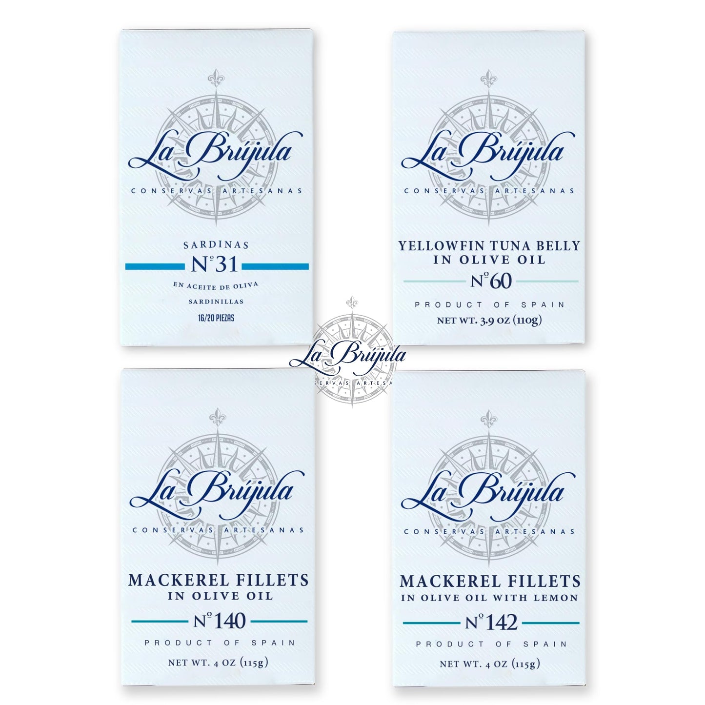La Brújula Premium Spanish Seafood Sampler – 4 Pack – Includes Sardines, Yellowfin Tuna Belly, Mackerel Fillets, and Mackerel with Lemon | Gourmet Canned Fish | Conservas from Galicia | Product of Spain