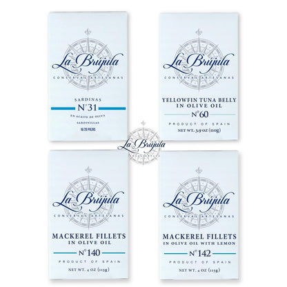 La Brújula Premium Spanish Seafood Sampler – 4 Pack – Includes Sardines, Yellowfin Tuna Belly, Mackerel Fillets, and Mackerel with Lemon | Gourmet Canned Fish | Conservas from Galicia | Product of Spain