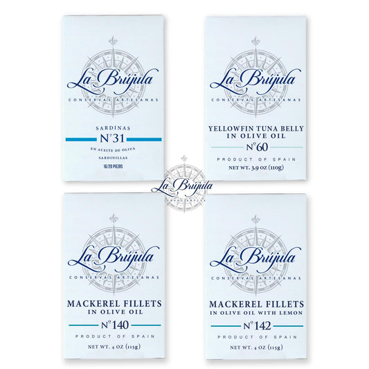 La Brújula Premium Spanish Seafood Sampler – 4 Pack – Includes Sardines, Yellowfin Tuna Belly, Mackerel Fillets, and Mackerel with Lemon | Gourmet Canned Fish | Conservas from Galicia | Product of Spain