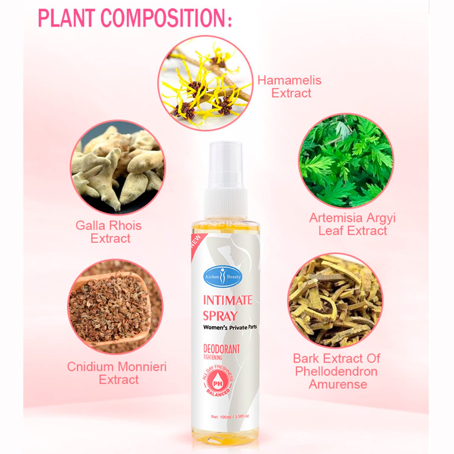 AICHUN BEAUTY Intimate Spray Deodorant Armpits Feet Tightening Vagina PH Balanced Private Part Eliminate Odor Feel Fresh Body 100ml / 3.38fl.oz