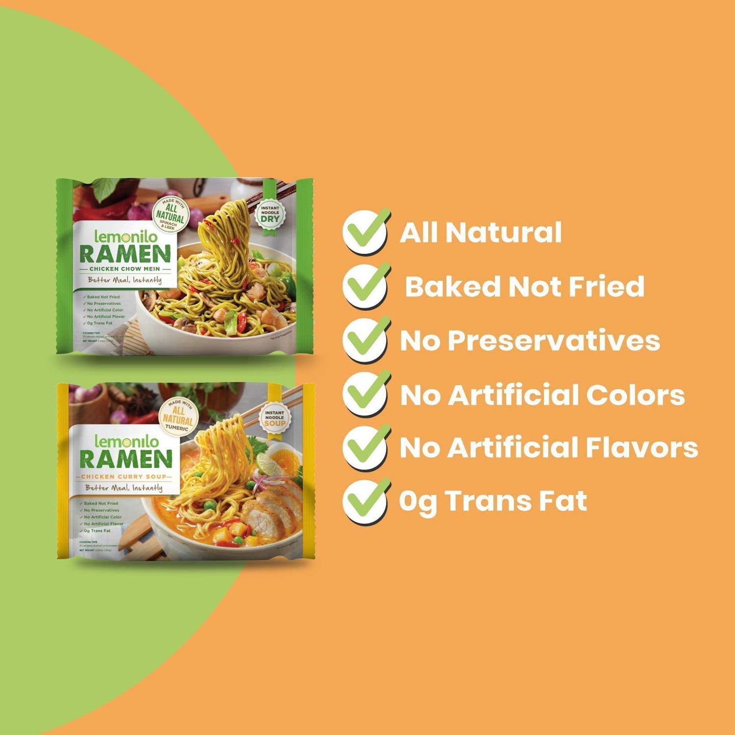 Lemonilo Ramen - Chick'n Curry Soup - Healthy Instant Ramen - Oven-Baked Noodles with Tumeric - Made with All-Natural Ingredients - Quick Meal Kit (2.57 Oz) - Pack of 6