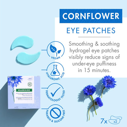 Klorane - Smoothing & Soothing Eye Masks with Cornflower & Plant-Based Hyaluronic Acid - Hydrogel Eye Patches For Puffy, Tired Eyes and Dark Circles - 7 ct.