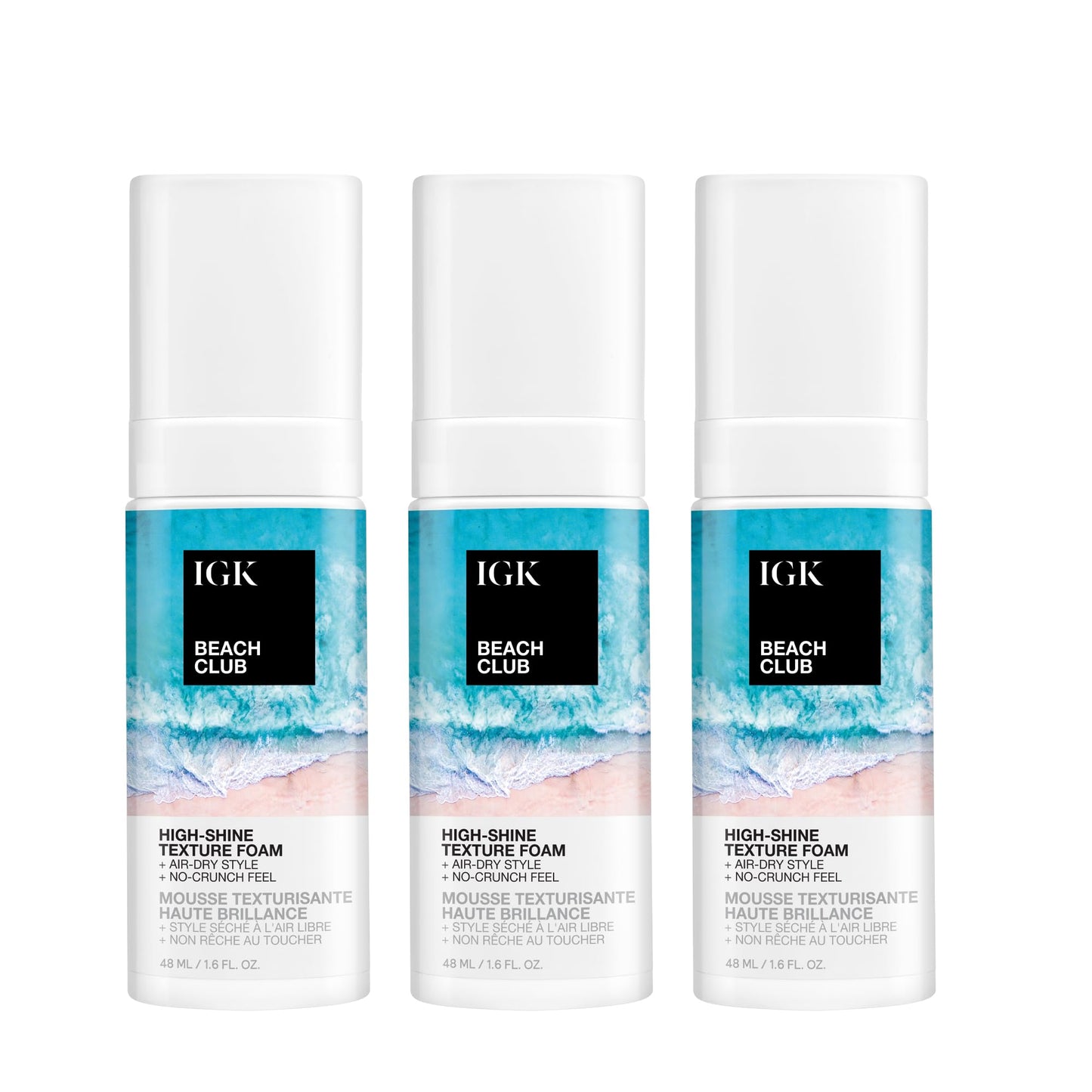 IGK Beach Club High-Shine Texture Foam Travel size 3 pack – Salt-Free Air-Dry Foam for Beach Waves, Frizz Control, and UV Protection – Vegan & Cruelty-Free