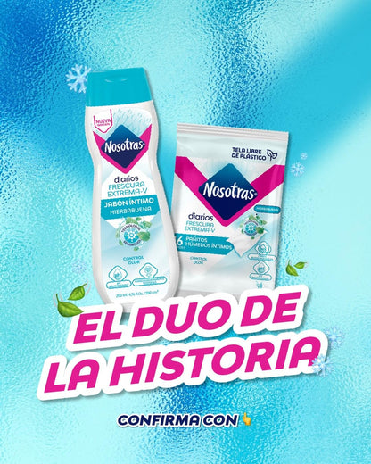 Feminine Wash Nosotras Set Intimate Soap And Wet Wipes Peppermint | Kit Jabon Intimo y Pañitos Humedos Hierbabuena Frescura Extrema-V Colombia (6.76oz - 200ml)