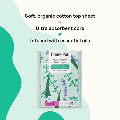 Honey Pot - Herbal Sanitary Pads for Women - Regular Flow w/Wings - Infused w/Essential Oils for Cooling Effect & Organic Cotton Cover – Medium Pack - Feminine Care - 32 ct