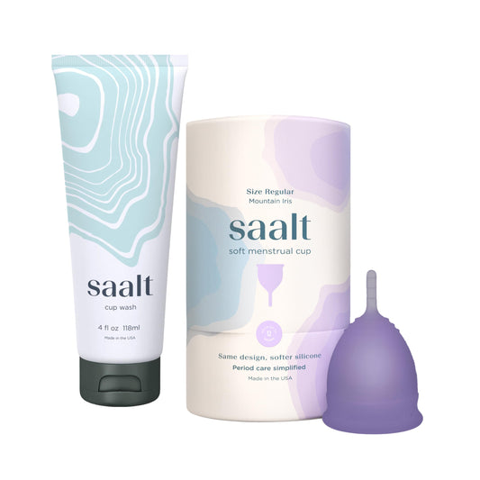 Saalt Soft Menstraul Cup Bundle - Reuseable Soft Period Cup in Mountain Iris, Size Regular + pH-Balancing Saalt Wash - Sustainable & Easy to Clean Period Care