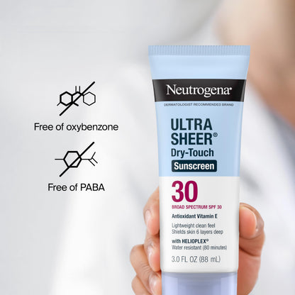 Neutrogena Ultra Sheer Dry-Touch Sunscreen for Face & Body, Helioplex SPF 30 Broad Spectrum UVA/UVB, Lightweight, Water Resistant & Non-Greasy, Hawaii Act 104 compliant, Travel Size 3 fl oz, Pack of 3