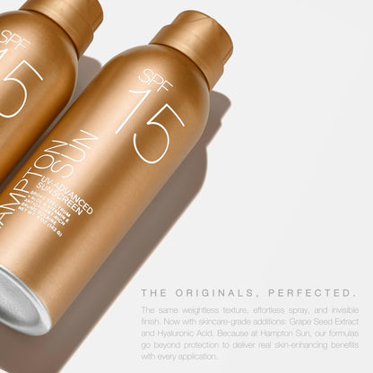 Hampton Sun SPF 15 Continuous Mist Sunscreen, Broad Spectrum UVA/UVB | Advanced Water + Sweat Resistance, Antioxidant-Rich Vitamin E + Aloe for Hydrated, Radiant Skin, Glowy Finish and Oil-Free.