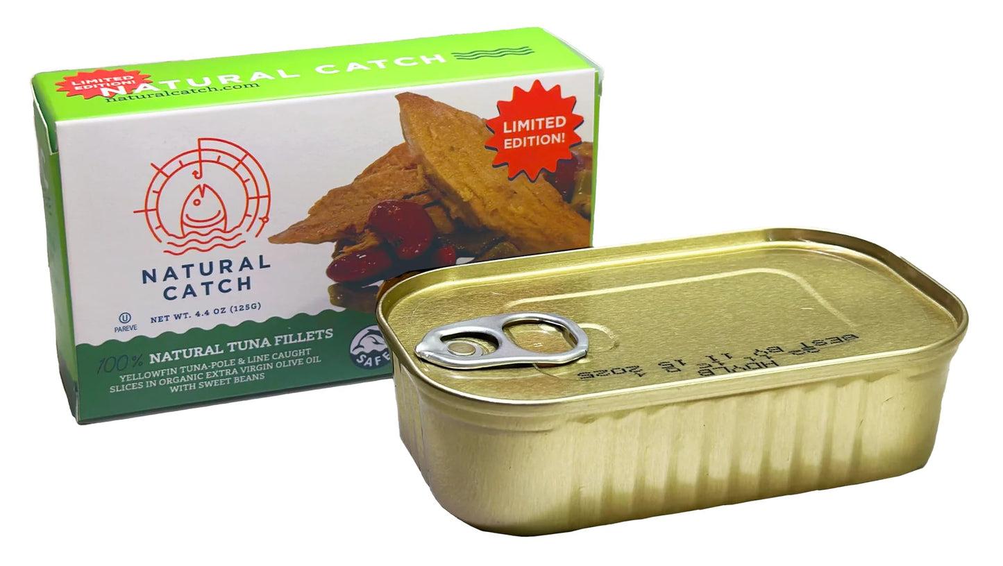 Natural Catch Tuna Sweet Bean Filets, Hand Cut, Pole & Line Caught, 130 Calories Gluten-Free, Paleo, Keto Friendly, Premium Yellowfin Tuna in Extra Virgin Olive Oil (4.4 oz per can- Pack of 12) (Sweet Bean)