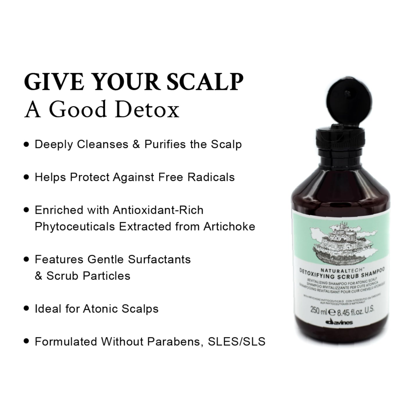 Davines Naturaltech Detoxifying Scrub Shampoo, Revitalizing & Deep Cleansing for Atonic Scalp & Pollutants - With Artichoke Phytoceuticals - Removes Buildup & Exfoliates, 8.45 Fl Oz