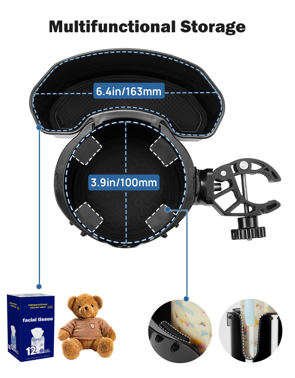 JOYTUTUS Wheelchair Cup Holder, 2-in-1 Walker Cup Holder with 6.4'' Large Storage Box, Drink Holder for Bottle with Handle, Fit for Wheelchair, Walker, Rollator, Stroller, Camper, Golf cart (Large)