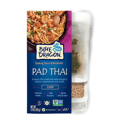 Blue Dragon Pad Thai 3 Step Cooking Sauce & Rice Noodle Kit - 7.7oz (Pack of 6) - Pre-Portioned Sachets of Dried Rice Noodles, Pad Thai Sauce, & Aromatic Herbs & Spices - Vegan, Non-GMO & Gluten-free