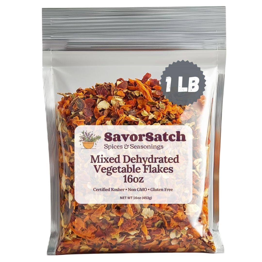 SavorSatch Dehydrated Mixed Dried Vegetable Flakes - 16oz Resealable Pouch | Bulk Pack | GMO-Free & Wheat Gluten-Free | Carrot, Onion, Celery, Tomato, Bell Pepper | No Added Salt | Certified Kosher | Perfect for Soups, Stews, Ramen, Emergency Supply...