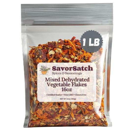 SavorSatch Dehydrated Mixed Dried Vegetable Flakes - 16oz Resealable Pouch | Bulk Pack | GMO-Free & Wheat Gluten-Free | Carrot, Onion, Celery, Tomato, Bell Pepper | No Added Salt | Certified Kosher | Perfect for Soups, Stews, Ramen, Emergency Supply...