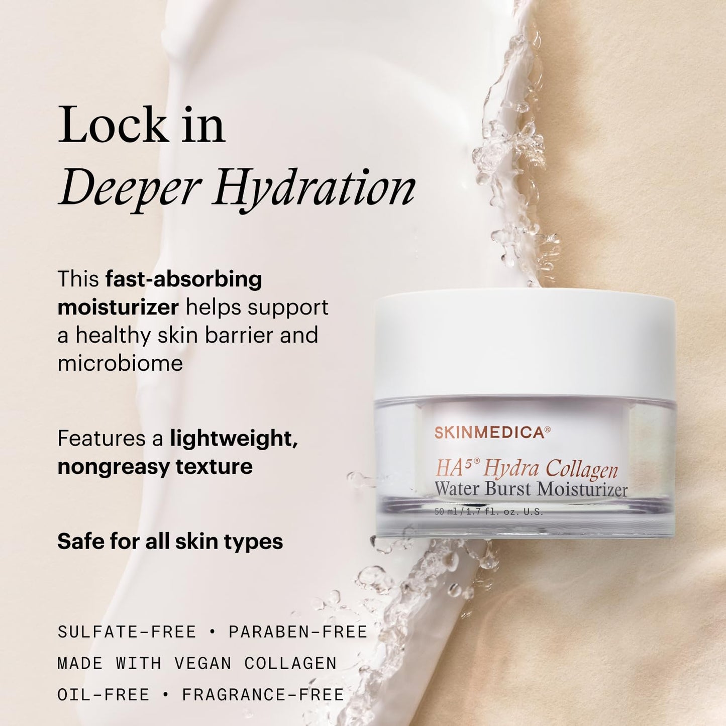 SkinMedica HA⁵ Hydra Collagen Water Burst Face Moisturizer with Vegan Collagen - Plumping Face Cream with Microbiome Barrier Complex for 24-Hour Hydration - Helps Replenish Dry, Dull Skin (1.7 Fl Oz)