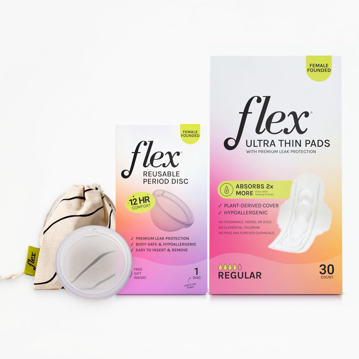 Flex Reusable Disc & Flex Ultra Thin Pads (30 Count) Bundle | Beginner-Friendly Tampon Alternative | Helps Fight Odor | Disc Capacity of 6 Super Tampons