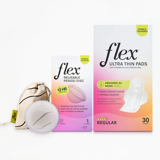 Flex Reusable Disc & Flex Ultra Thin Pads (30 Count) Bundle | Beginner-Friendly Tampon Alternative | Helps Fight Odor | Disc Capacity of 6 Super Tampons