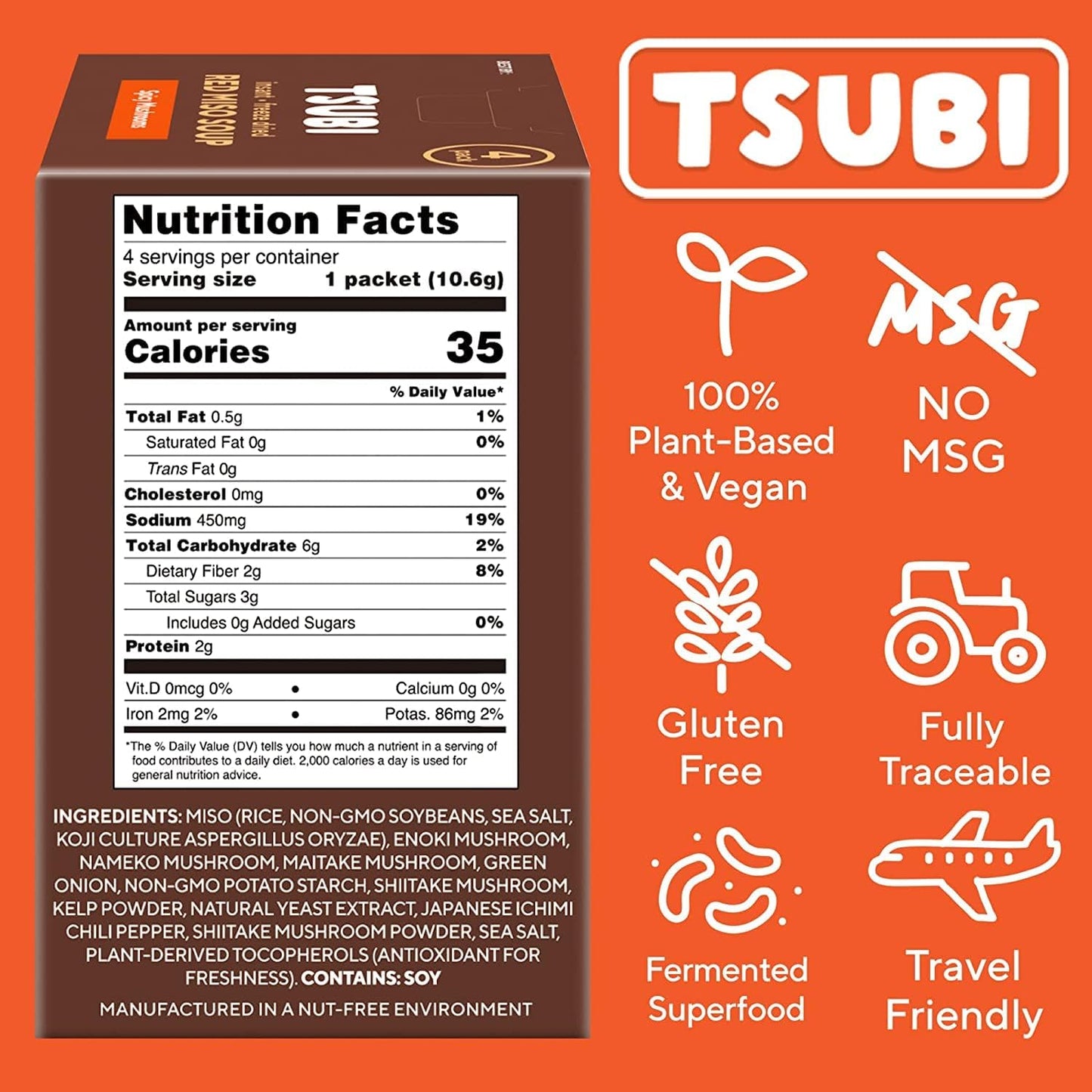 Tsubi Soup Freeze-Dried Japanese Miso Soup Packets - Instant, Vegan, Easy Mix, Gluten & MSG-Free, and Flavorful - Ready in Seconds -Made in Japan - Red Miso (Spicy Mushroom) - 4 Packs
